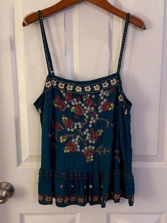 Anthropologie Tops - Anthropologie Medium Beaded Embroidered Flowy Teal Tank Top
